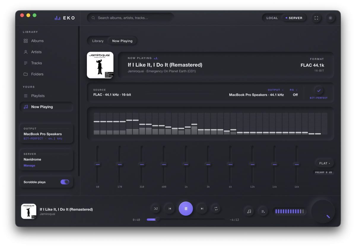 The EKO player: a dark, graphite neumorphic macOS music player with album art, a live spectrum, a parametric EQ and transport controls.