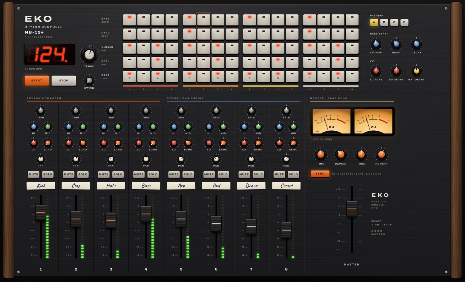 The EKO NB-124 Night Bus console: a drum machine above an eight-channel mixing desk, running