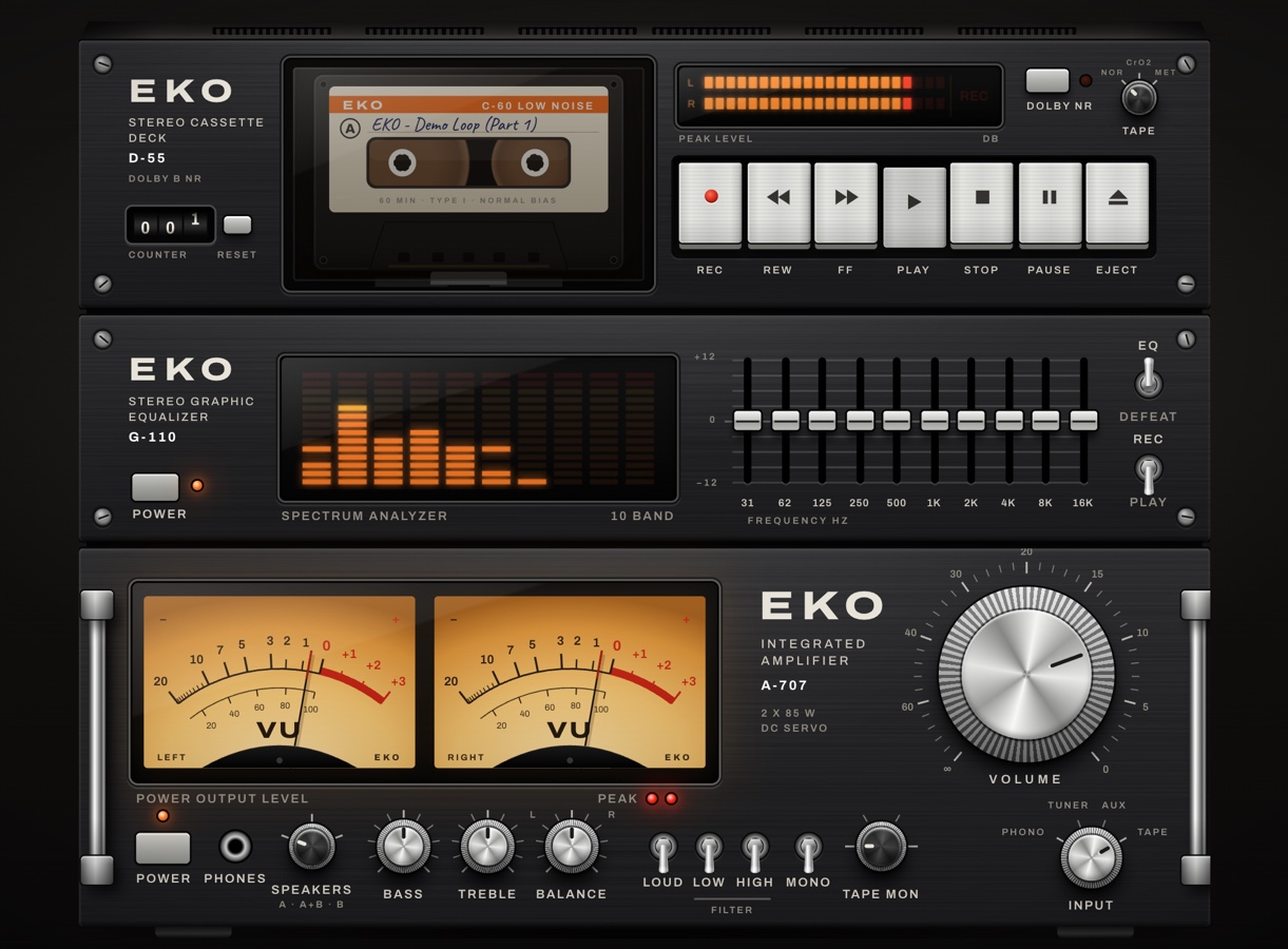 EKO hi-fi 1978, a cassette deck, graphic EQ and amplifier stack, playing