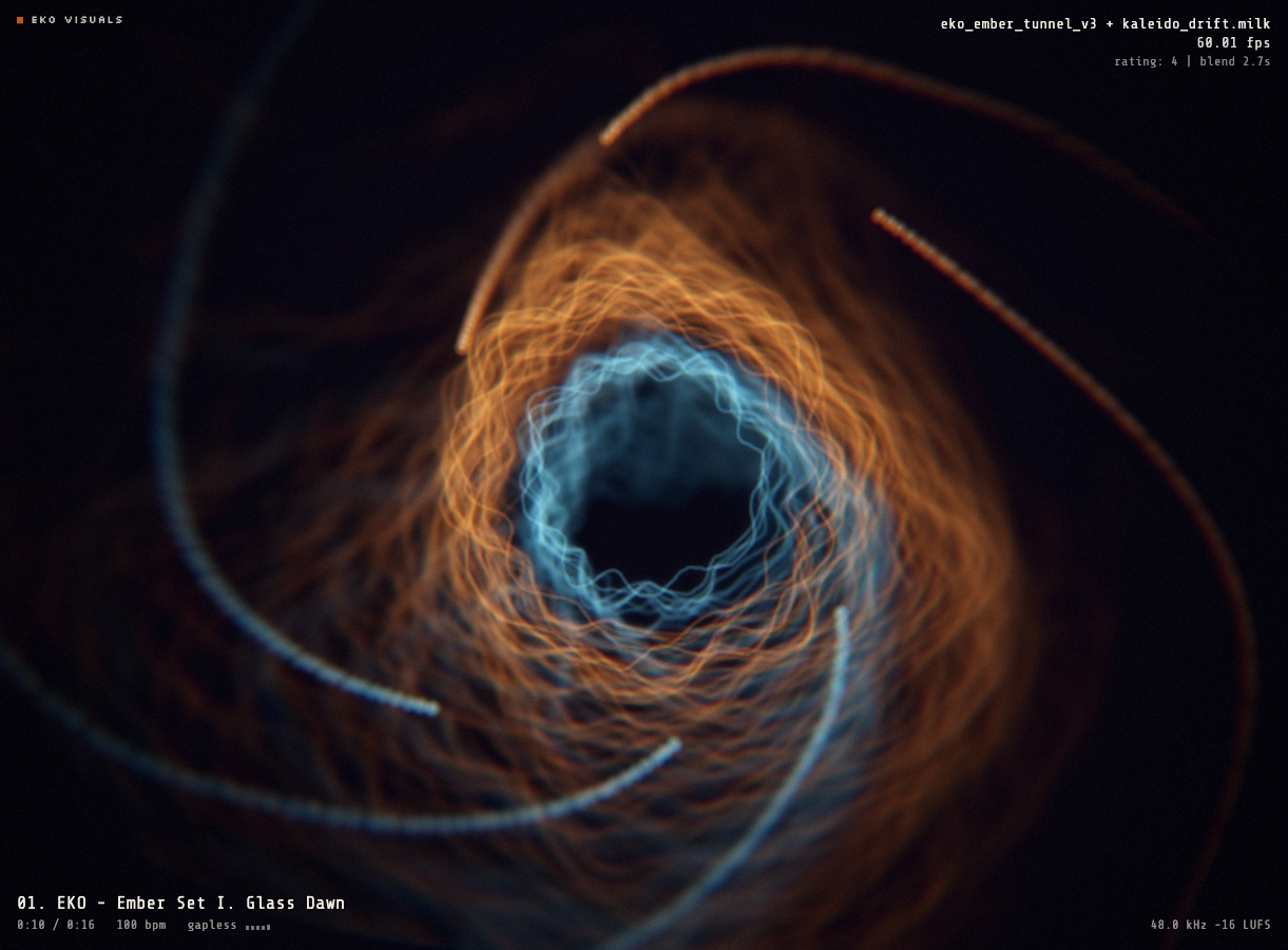 EKO Visuals: an ember tunnel of orange and blue light swirling around the waveform