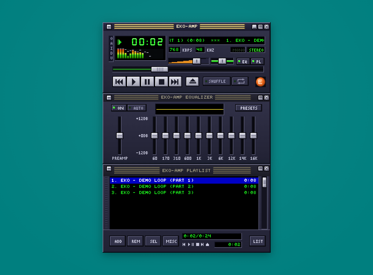EKO-AMP, a Winamp 2.x clone, playing